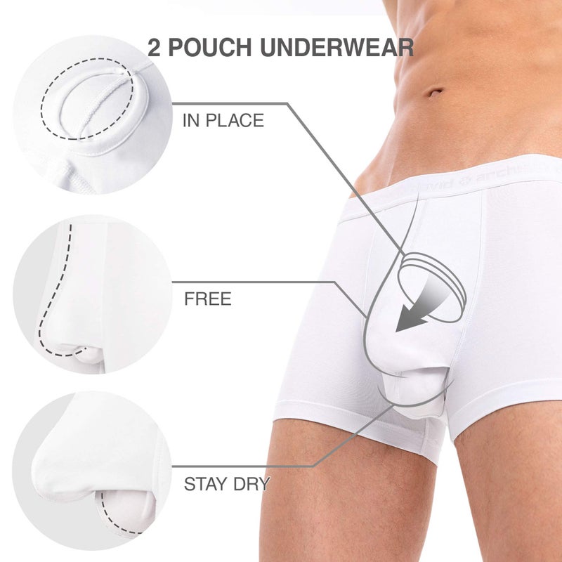 DAVID ARCHY Men's Underwear Ultra Soft Modal Dual Pouch Trunks Support Ball Pouch Bulge Enhancing Boxer Briefs for Men 4 Pack(L, White) - Image 2